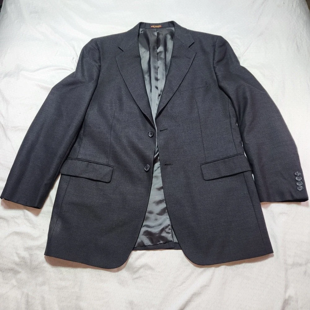 KENNETH MORTON Mens Size 42L Black Gray Sport Coat Suit Jacket Blazer Checkered - Picture 1 of 13
